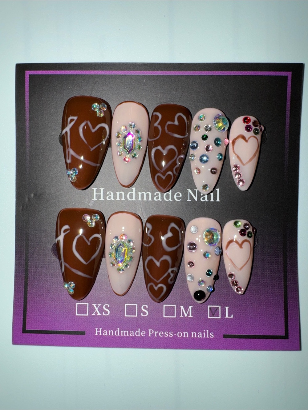 Handmade Heart Brown & Nude Gem Press-On Nails